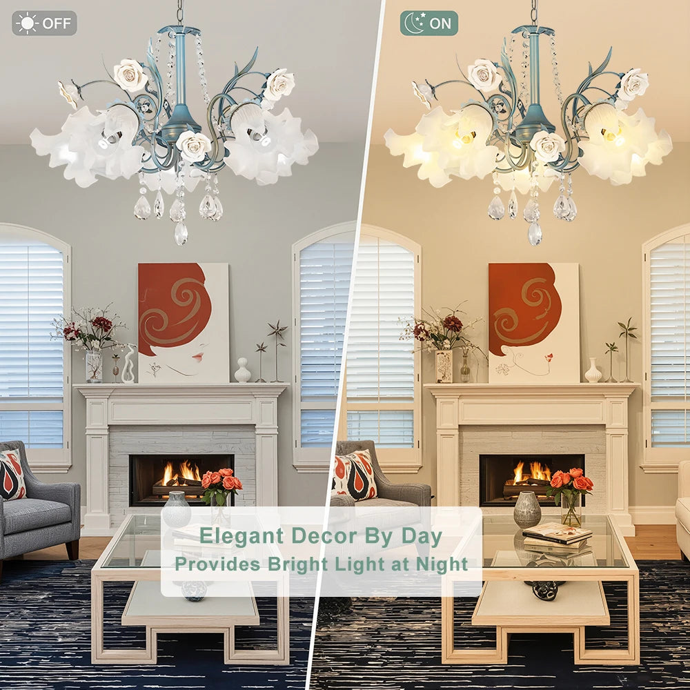 Living room with a chandelier before and after being turned on, showing a difference in lighting.