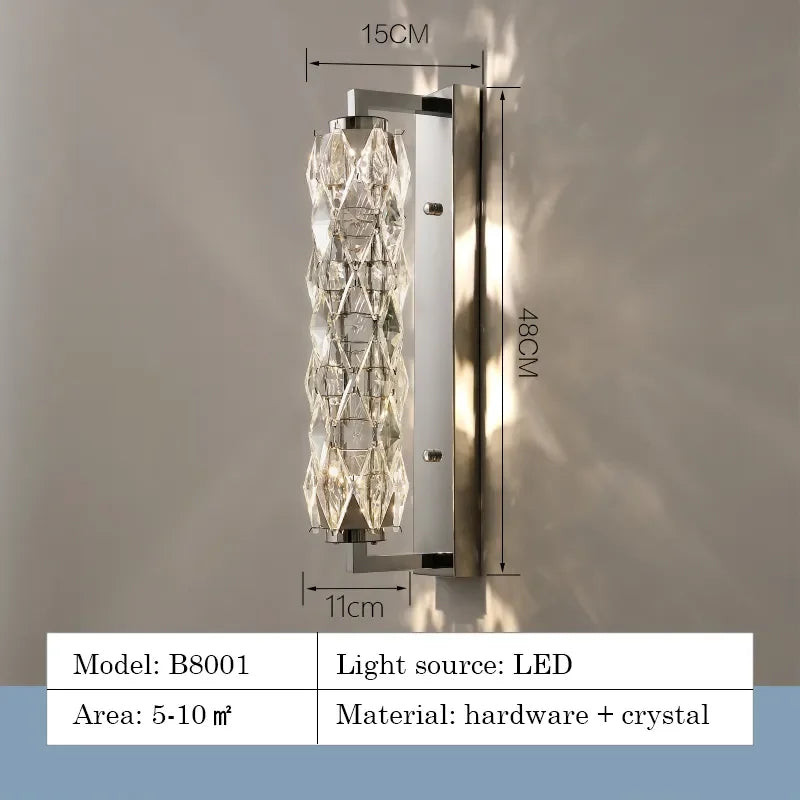 Wall-mounted light fixture with dimensions and product details on a gray background