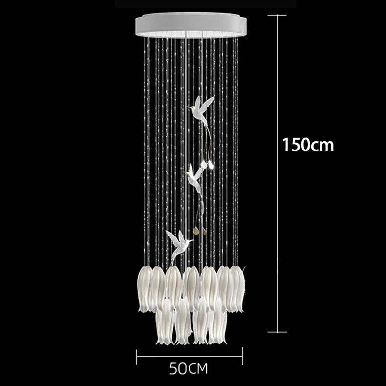 Chandelier with bird designs and measurements on a black background