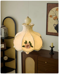 Fabric Rose Floral Pendant Light with Scalloped Bell Shade