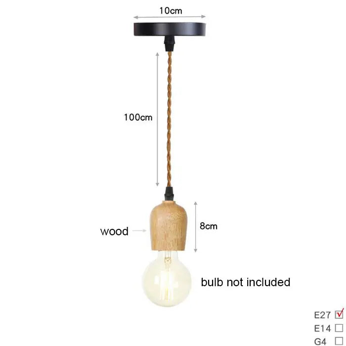 Pendant light with wooden bulb holder and measurement details on a white background