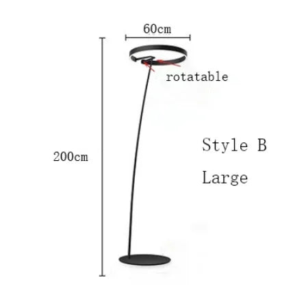 Measurement chart of a large, rotatable lamp with dimensions on a white background