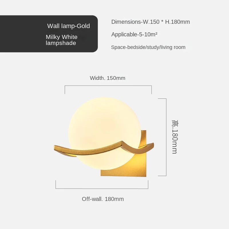 Wall lamp with gold frame and milky white lampshade, dimensions and applicability details on a white background.