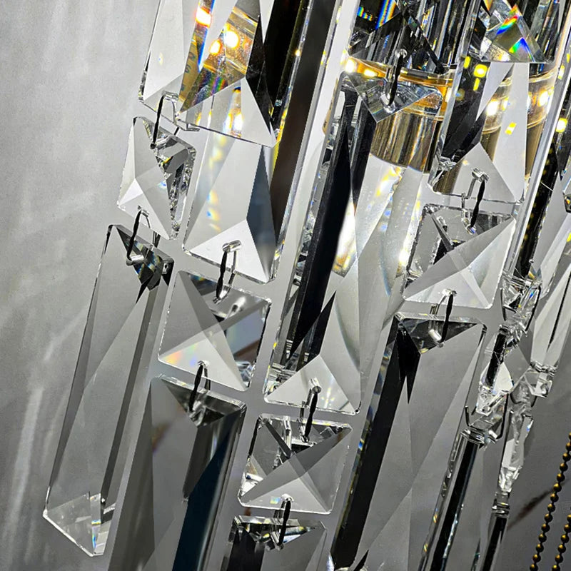 Close-up of a crystal chandelier with reflective surfaces