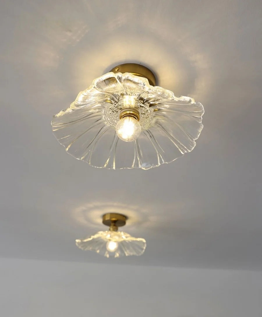 Two ceiling lights with glass shades on a white ceiling.