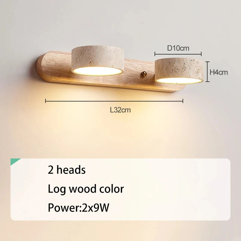 Wooden wall light fixture with dimensions and specifications on a gray background