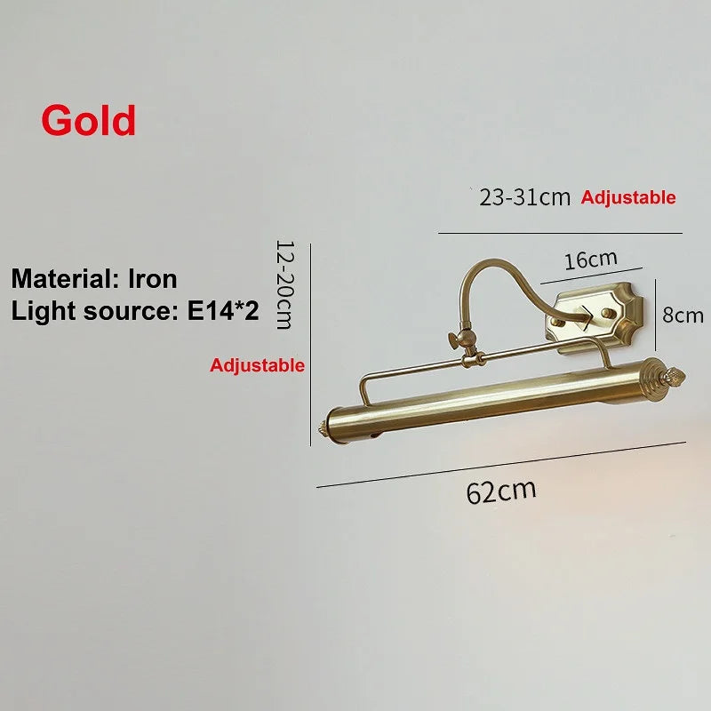 Gold wall light fixture with dimensions and specifications on a gray background