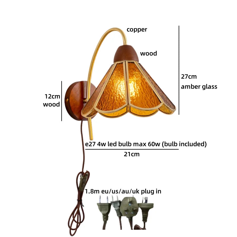 Wall-mounted lamp with dimensions and features labeled on a white background