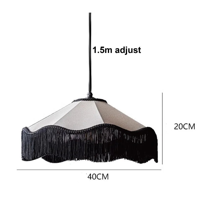 Pendant light with black fringe and white shade, labeled with dimensions on a white background.