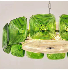 Green Glass Square Geometric Chandelier Art Deco Hanging Light Fixture