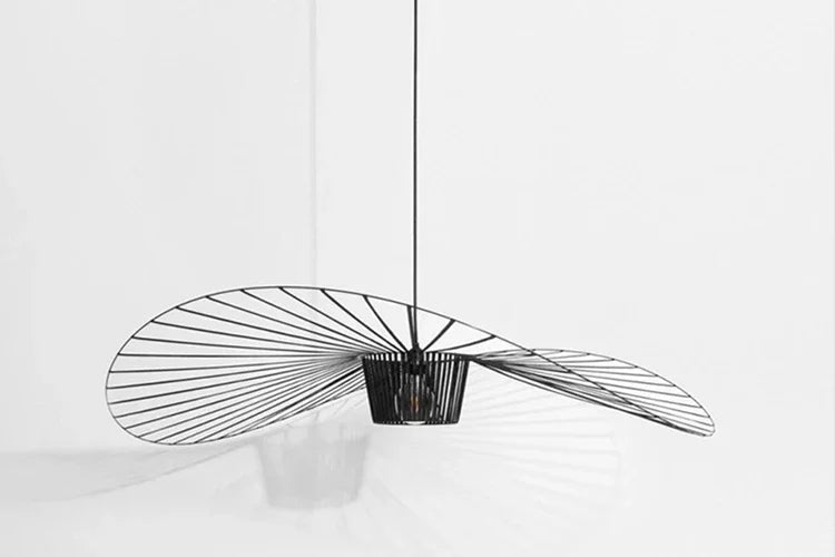 Modern pendant light with a black wireframe design on a white background