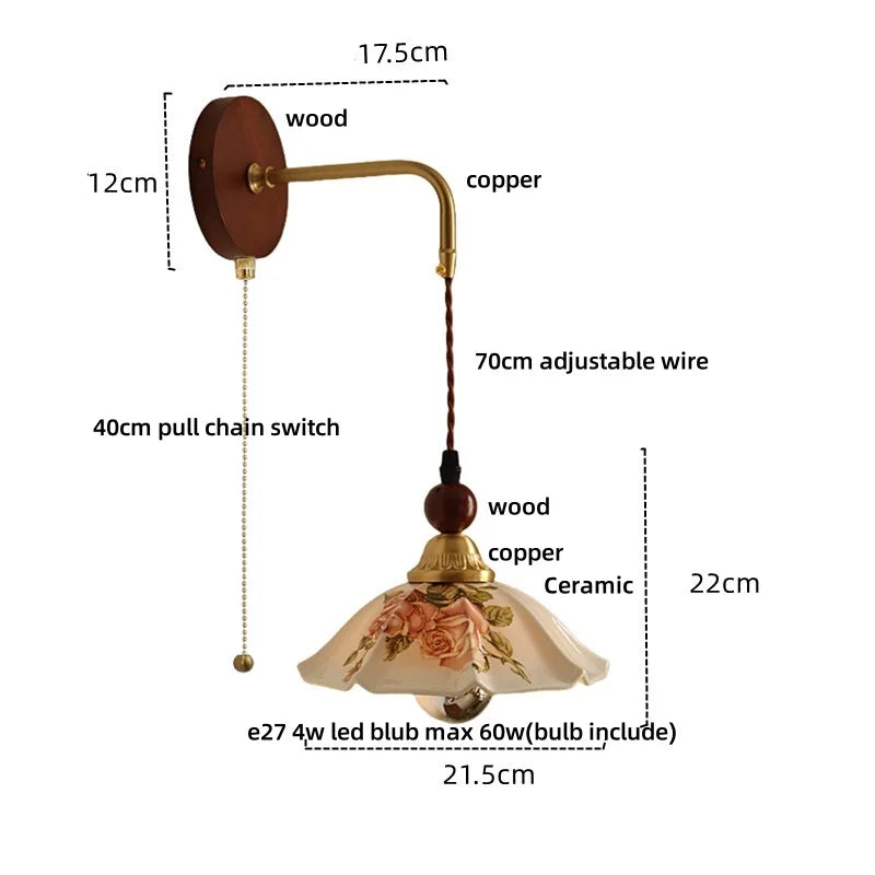 Wall-mounted light fixture with dimensions and material labels on a white background