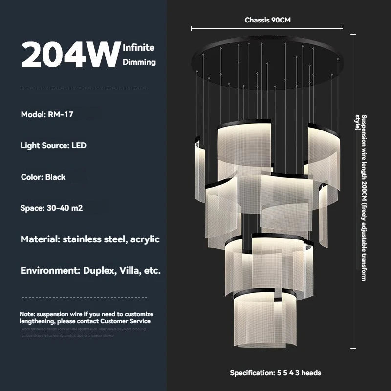Modern chandelier with specifications on a dark background