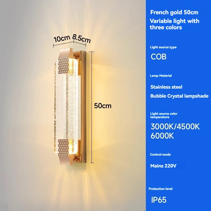 Wall-mounted light fixture with dimensions and technical specifications on a blue background