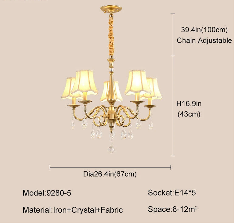 Gold chandelier with fabric shades and dimensions on a beige background.