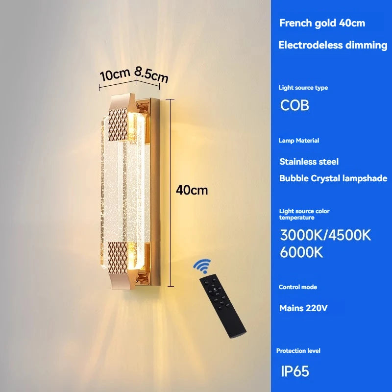 Wall-mounted light fixture with remote control and technical specifications on a blue background