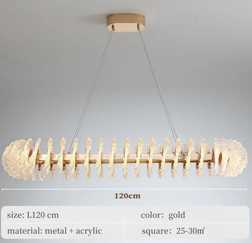 Gold chandelier with dimensions and material details on a gray background