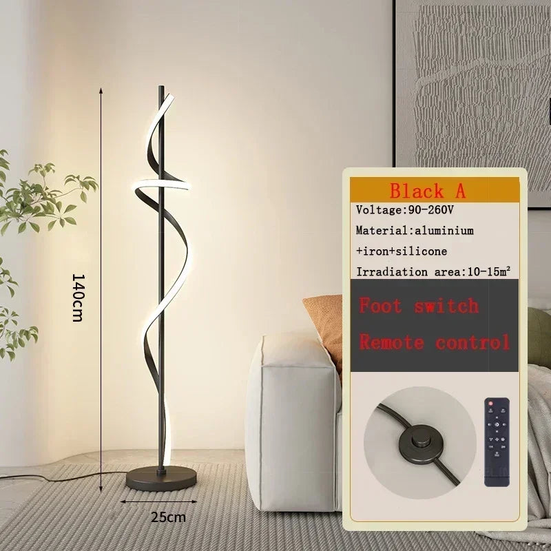 Modern floor lamp with packaging displaying specifications in a living room setting.