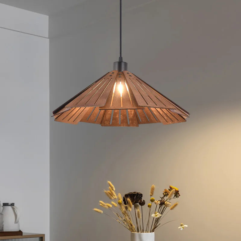 A wood tiered geometric pendant light viewed from below, showing its intricate construction.