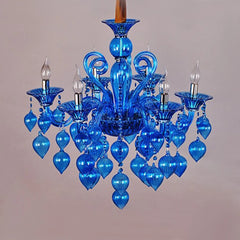 Blue lotus leaf bud shaped crystal chandelier with candelabra-style light holders