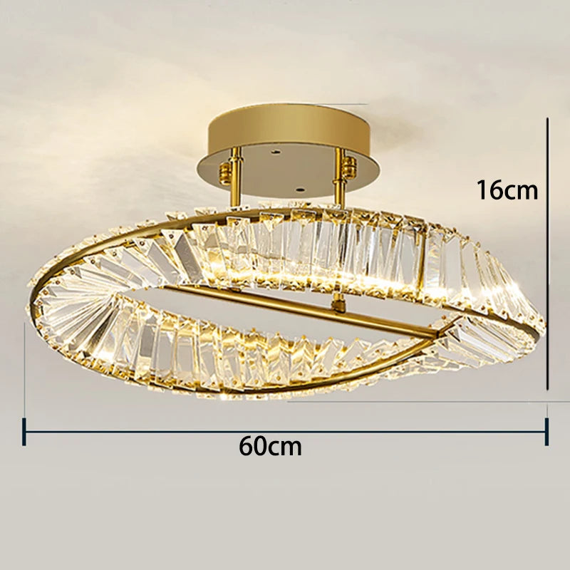 Gold ceiling light fixture with crystal design, shown with dimensions on a plain background.