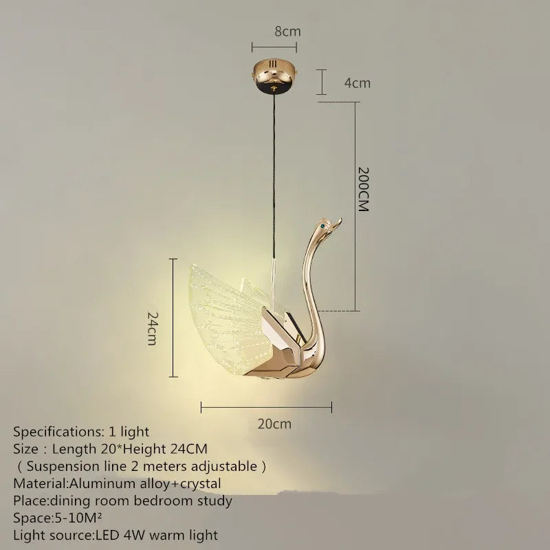 Gold swan-shaped wall light with dimensions and specifications on a gray background