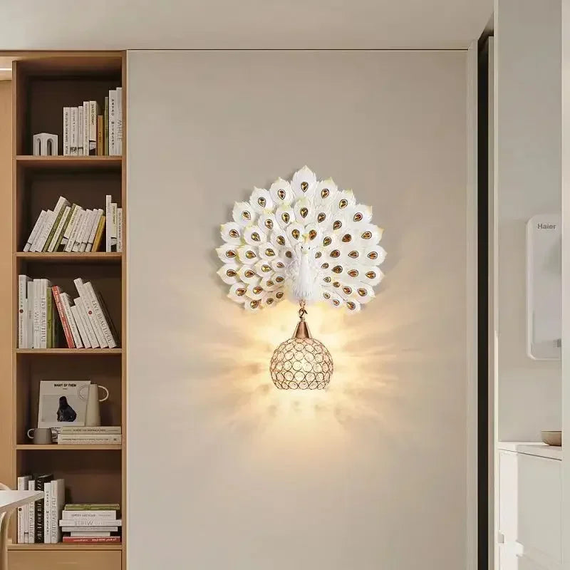 Decorative wall light fixture on a wall next to a bookshelf.