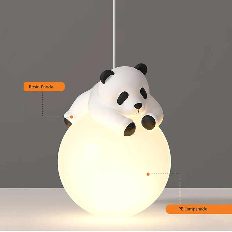 Panda-shaped pendant light with resin panda figure and PE lampshade on a gray background