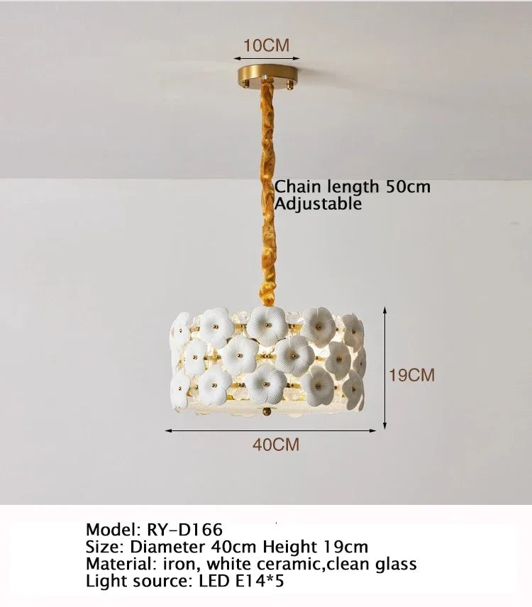 Chandelier with measurements and product details on a light gray background