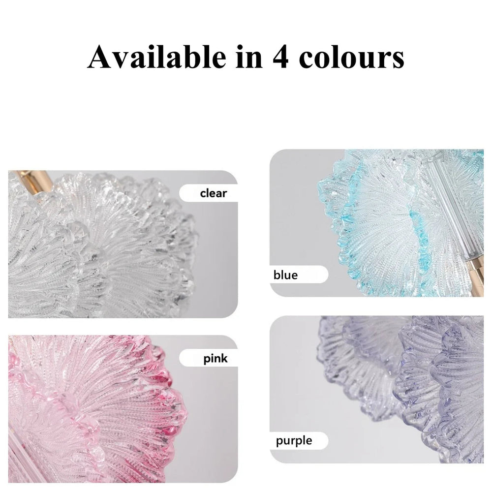 Product with clear, blue, pink, and purple color options displayed.