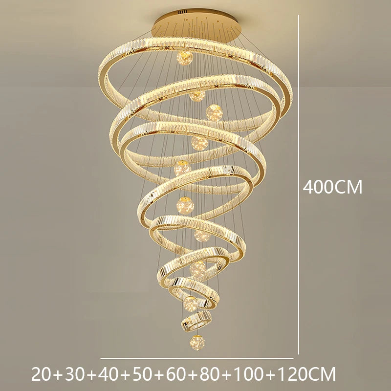 Chandelier with spiral design and measurement details on a neutral background