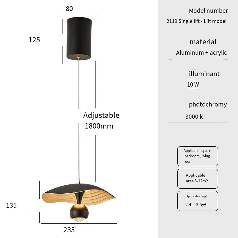 Pendant light with dimensions and specifications on a white background