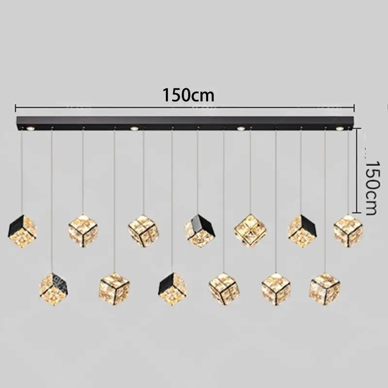 Chandelier with crystal lights and dimensions on a gray background