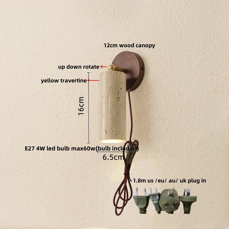 Wall-mounted light fixture with measurements and plug options on a beige background