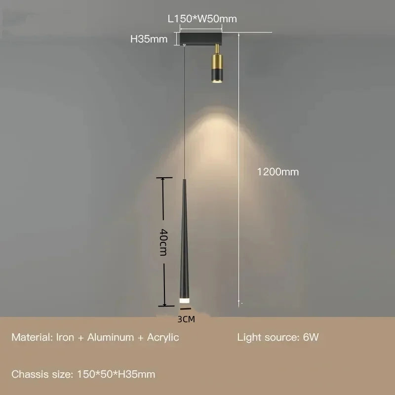 Pendant light with dimensions and material details on a gray background