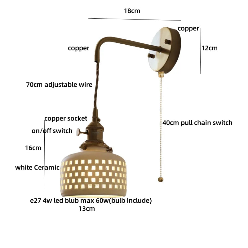 Wall-mounted lamp with labeled dimensions and parts on a white background