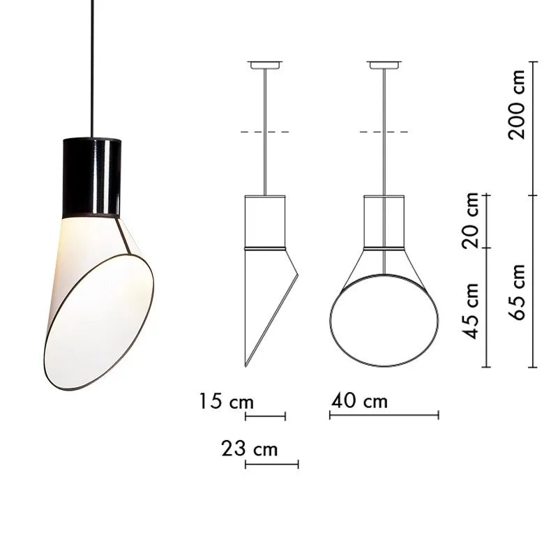 Pendant light with dimensions labeled on a white background