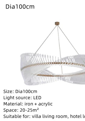 White chandelier with iron and acrylic design, size Dia100cm, LED light source, suitable for villa living room or hotel lobby.
