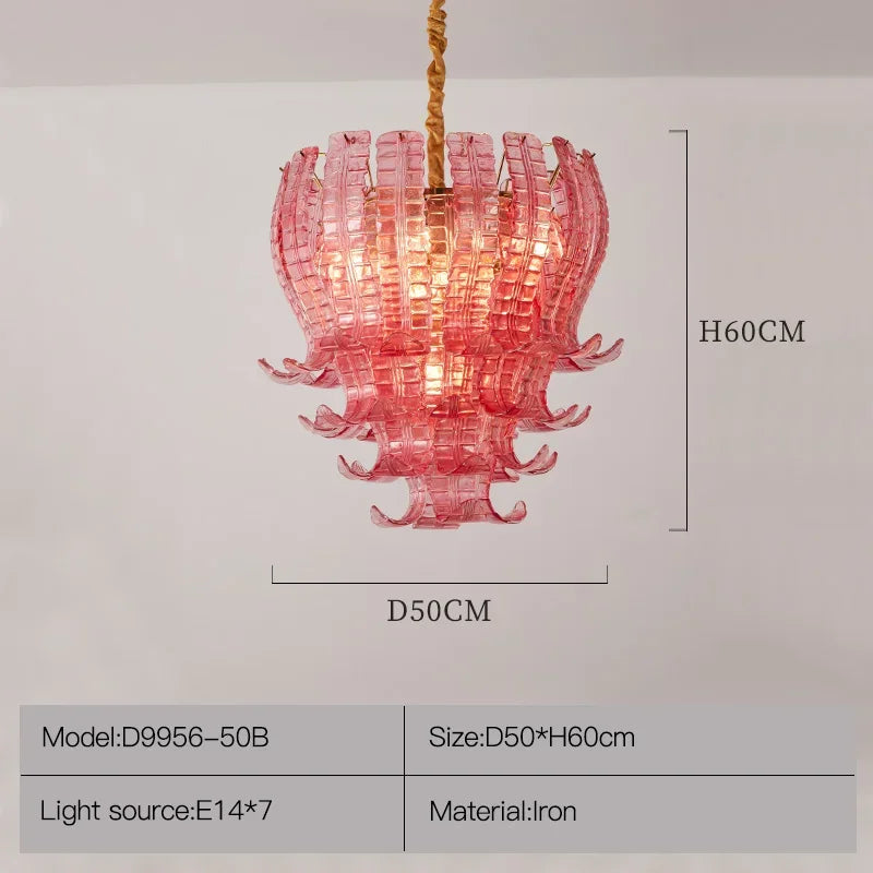 Pink chandelier with dimensions and product details on a light gray background