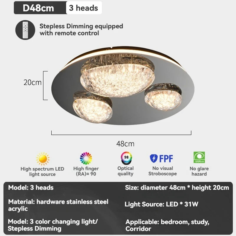 Ceiling light fixture with three heads, dimensions, and features displayed on a white background.