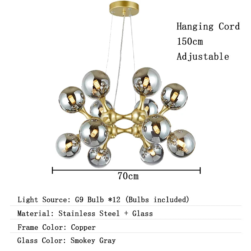 Chandelier with adjustable hanging cord, dimensions, light source details, material information, and color options.