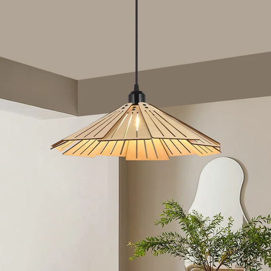 A wood tiered geometric pendant light hanging in a room with a modern interior design.