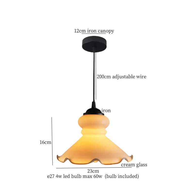 Pendant light with measurements and details on a white background