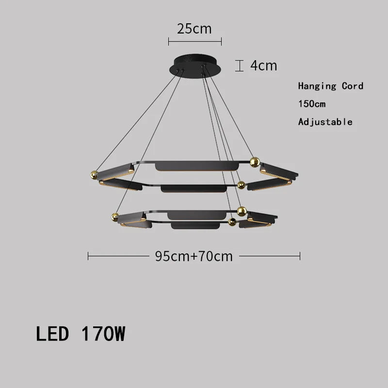 Chandelier with dimensions and LED power rating on a gray background