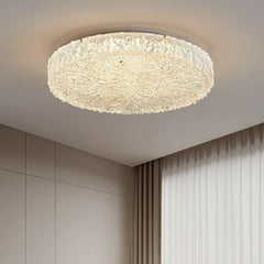 Close-up of the textured gold resin finish on a flush mount ceiling light