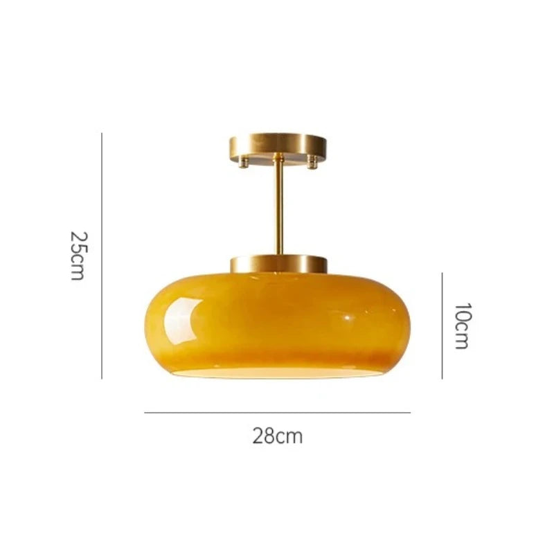 Brass yellow glass dome semi-flush mount light with dimensions labeled 28cm width, 25cm height, 10cm shade height