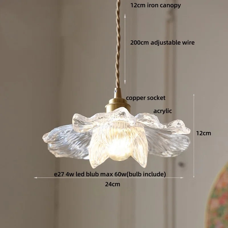 Pendant light with clear acrylic shade and brass fixture, labeled with dimensions and features.