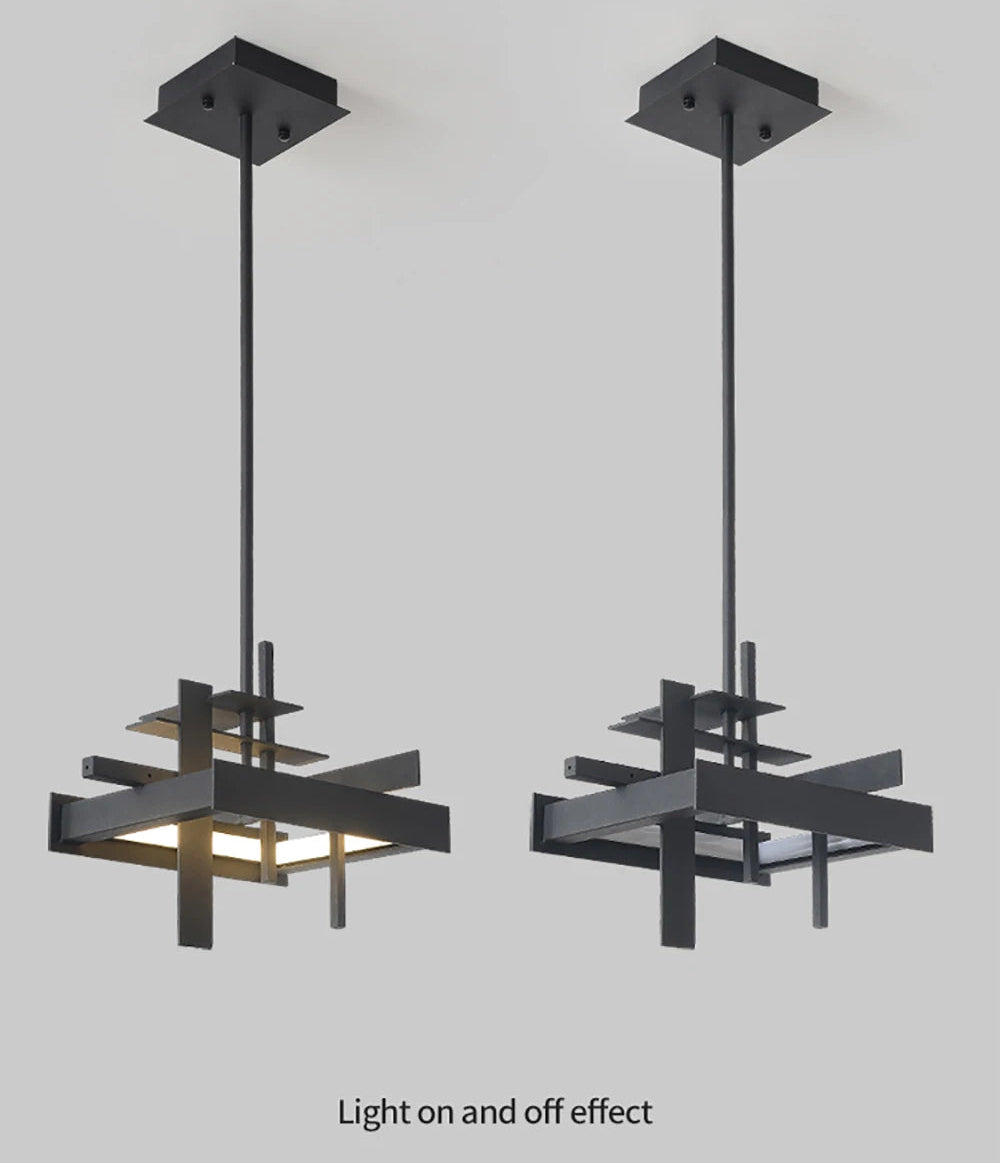 Two black pendant lights on a gray background with 'Light on and off effect' text.