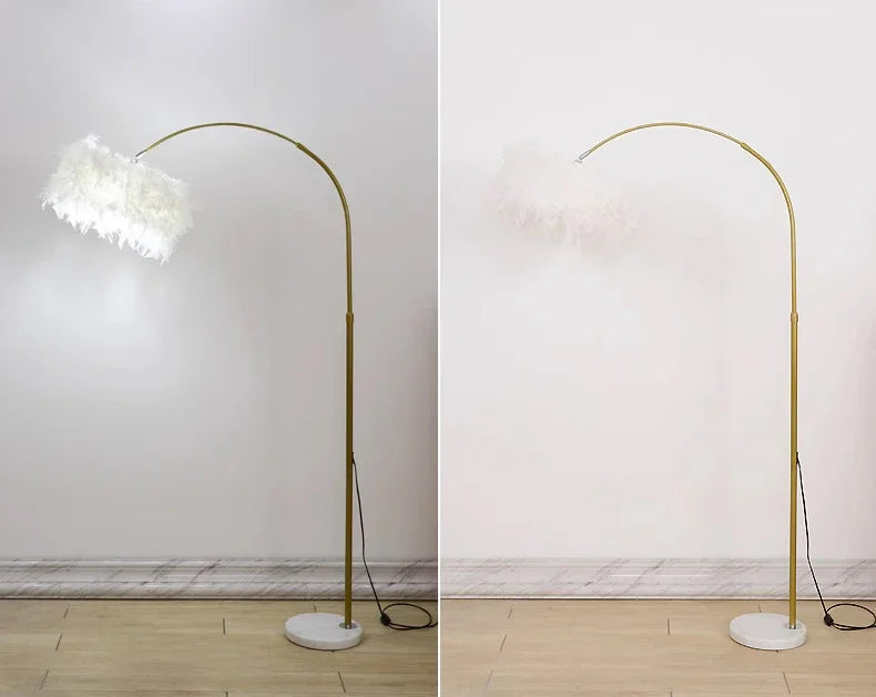 Two views of a modern floor lamp with a white shade against a plain wall.
