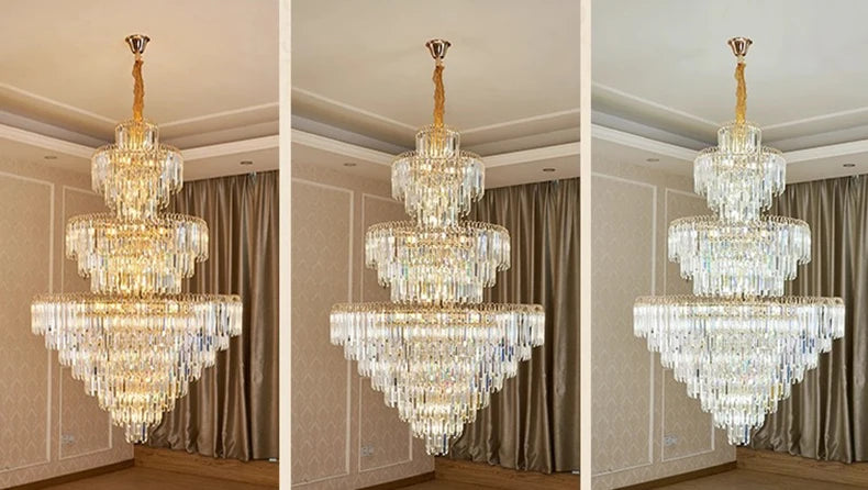 Triple exposure of a luxurious chandelier in a room with curtains.
